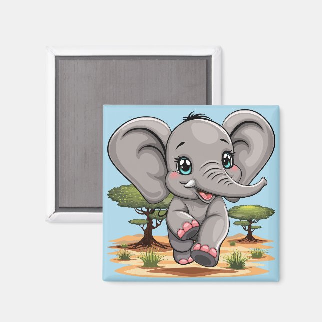 Elephant Baby Jumping Happy in African Savannah Magnet (Vorderseite/Rückseite)