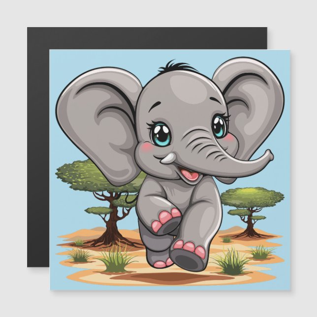Elephant Baby Jumping Happy in African Savannah Magnetkarte (Vorne/Hinten)