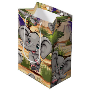 Elephant Baby Jumping Happy in African Savannah Mittlere Geschenktüte