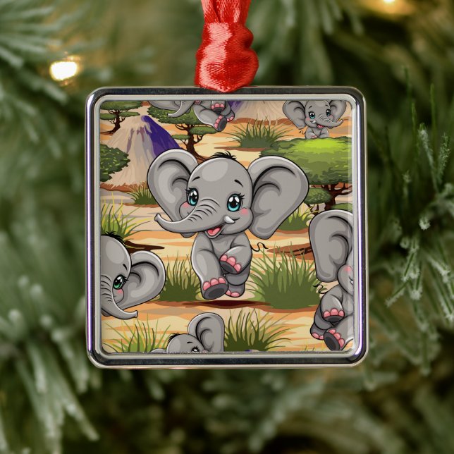 Elephant Baby Jumping Happy in African Savannah Ornament Aus Metall (Baum)