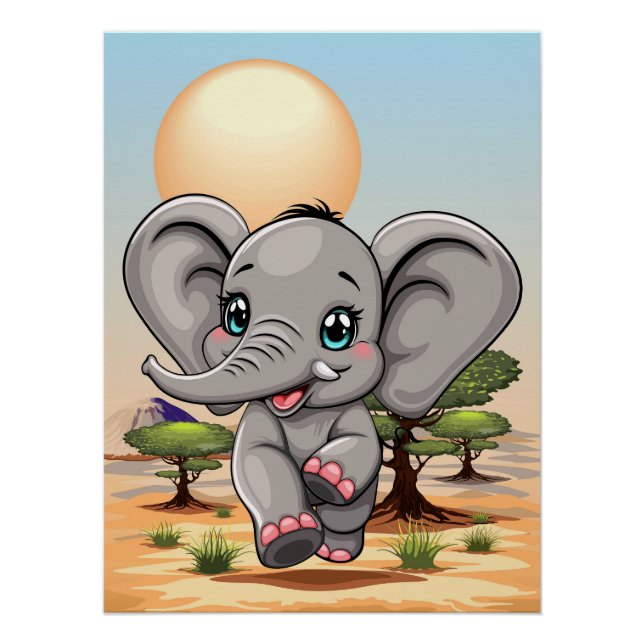 Elephant Baby Jumping Happy in African Savannah Poster (Vorderseite)