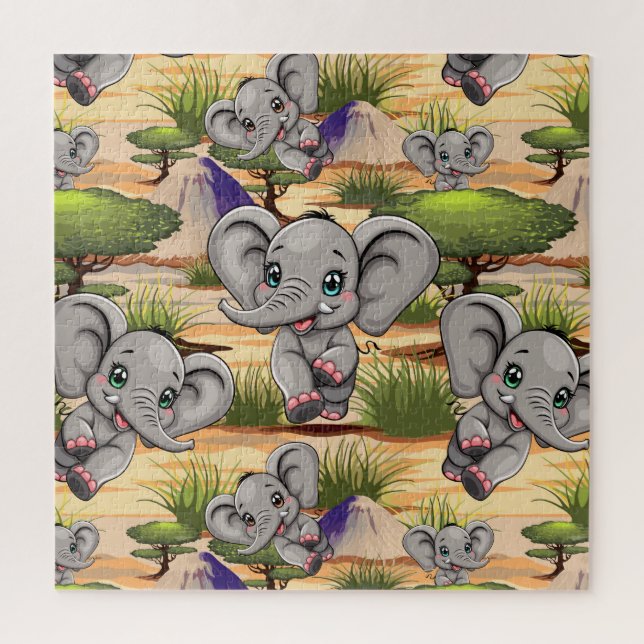 Elephant Baby Jumping Happy in African Savannah Puzzle (Vertikal)