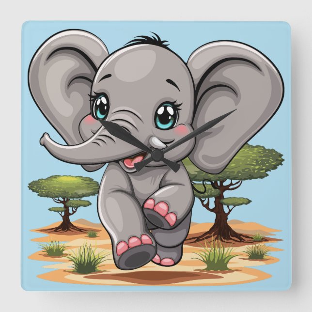 Elephant Baby Jumping Happy in African Savannah Quadratische Wanduhr (Vorderseite)