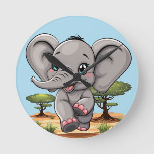 Elephant Baby Jumping Happy in African Savannah Runde Wanduhr