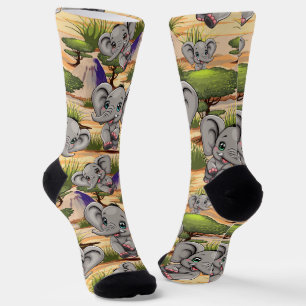 Elephant Baby Jumping Happy in African Savannah Socken