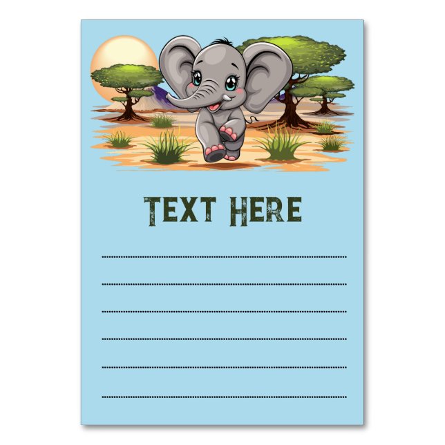 Elephant Baby Jumping Happy in African Savannah Tischnummer (Vorderseite)