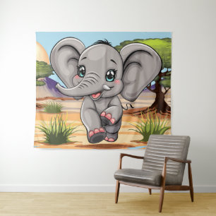 Elephant Baby Jumping Happy in African Savannah Wandteppich