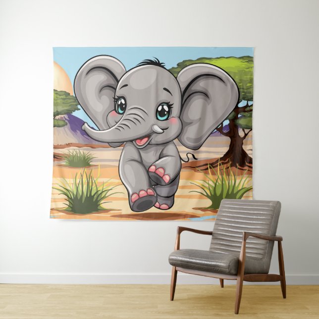 Elephant Baby Jumping Happy in African Savannah Wandteppich (Beispiel (Horizontal))