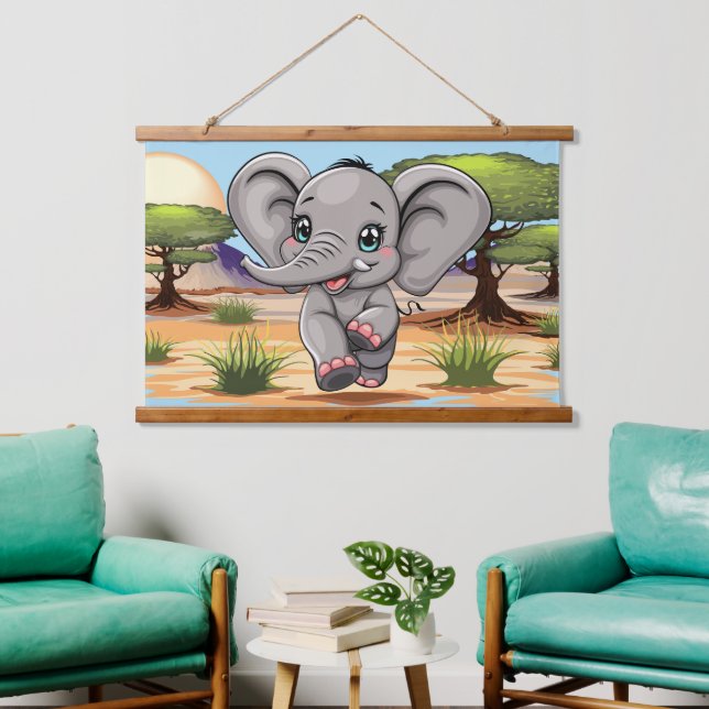Elephant Baby Jumping Happy in African Savannah Wandteppich Mit Holzrahmen (Wohnzimmer)