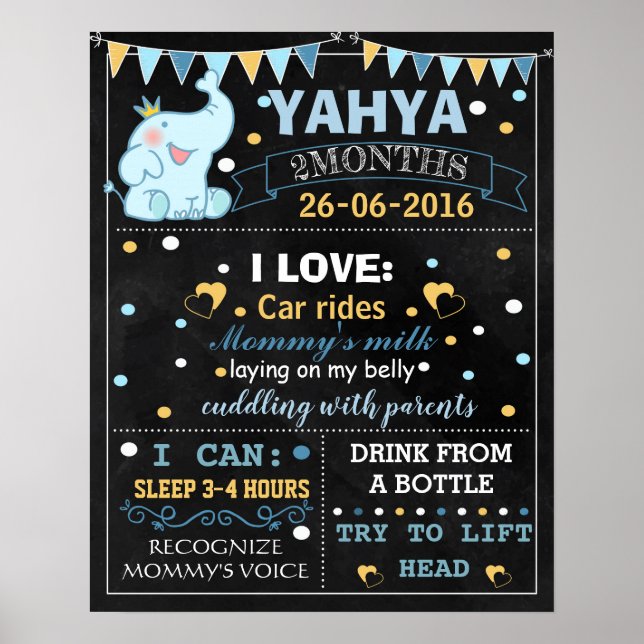 Elephant Baby Monthly Chalkboard-Zeichen-Plakat Poster (Vorne)