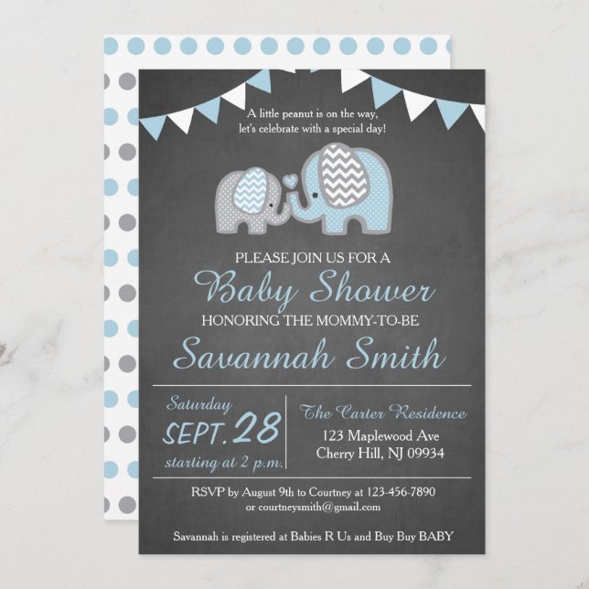 Elephant Baby Shooter Invitation Boy - Chalkboard Einladung (Vorne/Hinten)