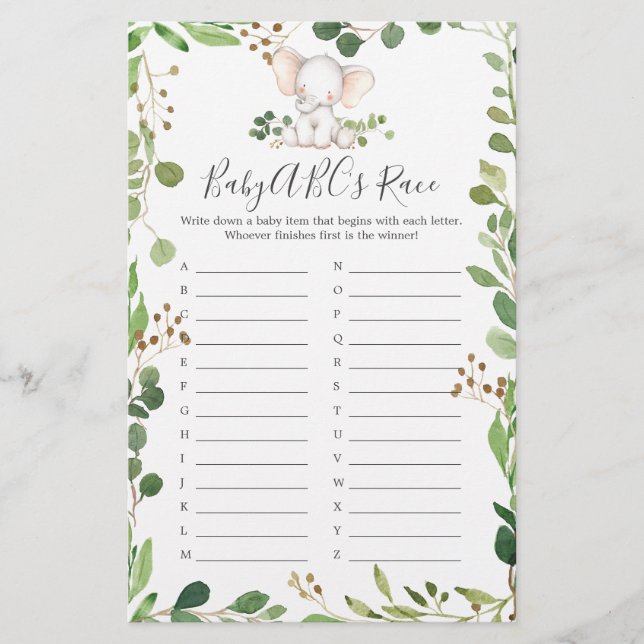 Elephant Baby Shower ABCs Race Game (Vorderseite)