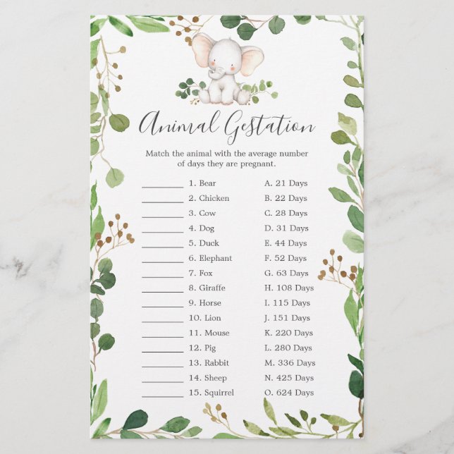 Elephant Baby Shower Animal Gestage Game (Vorderseite)