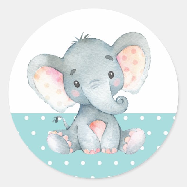 Elephant Baby Shower Aqua Classic Round Sticker (Vorderseite)