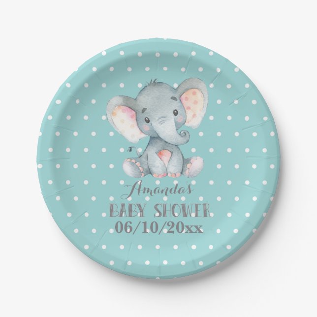 Elephant Baby Shower Aqua Papierplatte Pappteller (Vorderseite)