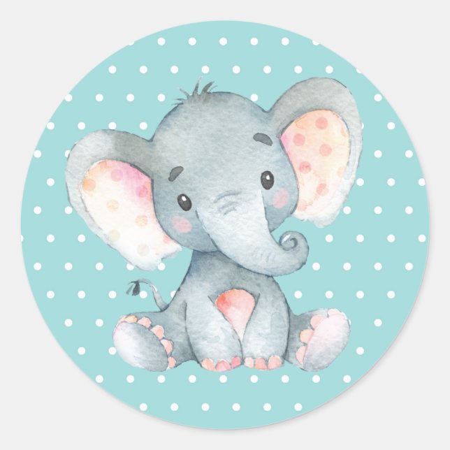 Elephant Baby Shower Aqua Runder Aufkleber (Vorderseite)