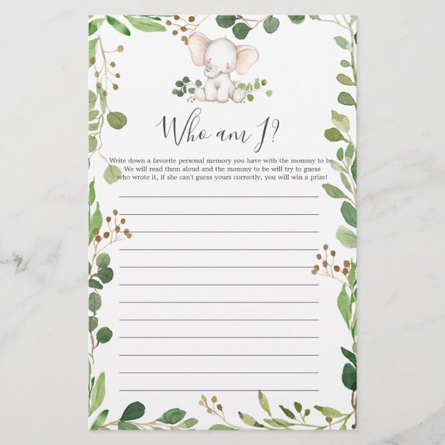 Elephant Baby Shower bin ich Game (Vorderseite)