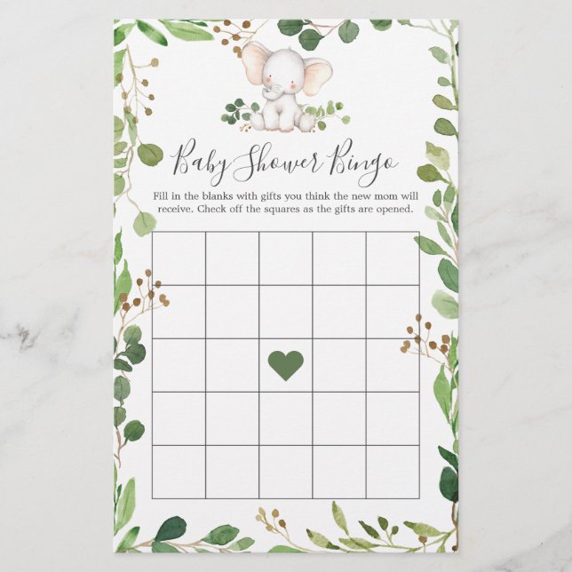 Elephant Baby Shower Bingo Game (Vorderseite)