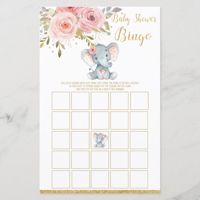 Elephant Baby Shower Bingo Game Activity Girl (Vorderseite)