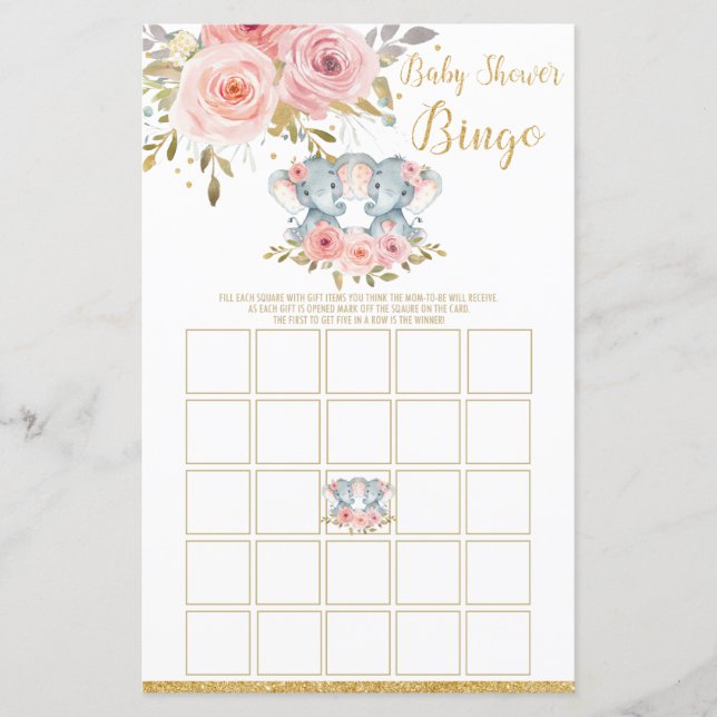 Elephant Baby Shower Bingo Game Activity Twin Girl (Vorderseite)