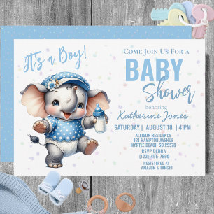 Elephant Baby Shower Blue Boy Farm Einladung