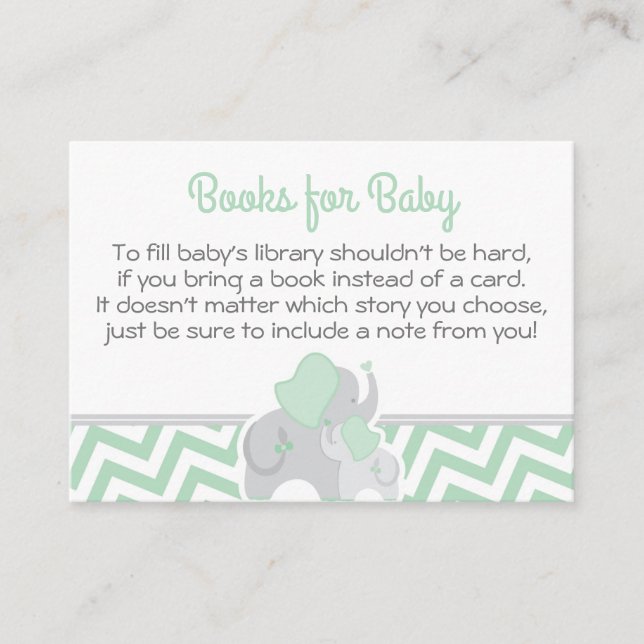 Elephant Baby Shower Book Card Minze Grün Zickzack Platzkarte (Vorderseite)