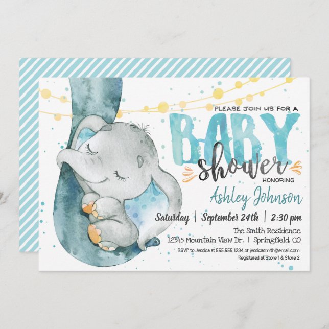 Elephant Baby Shower Boy, blaue Einladung (Vorne/Hinten)