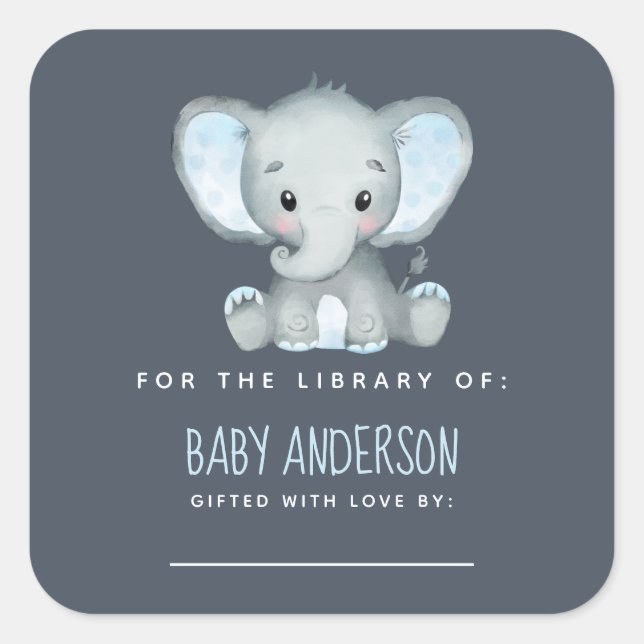 Elephant Baby Shower Buchzeichen Quadratischer Aufkleber (Vorderseite)