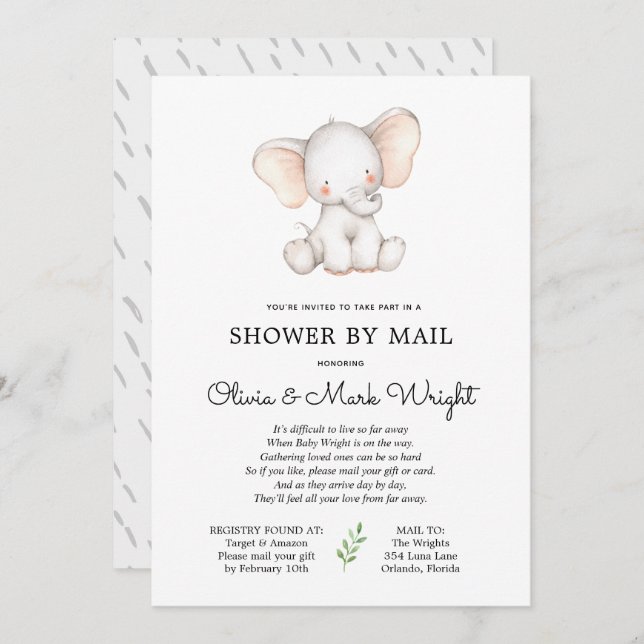 Elephant Baby Shower by Mail Einladung (Vorne/Hinten)