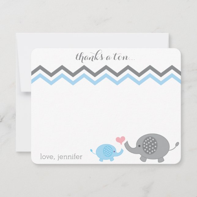 Elephant Baby Shower Danke Blue Gray Zickzack Mitteilungskarte (Vorderseite)