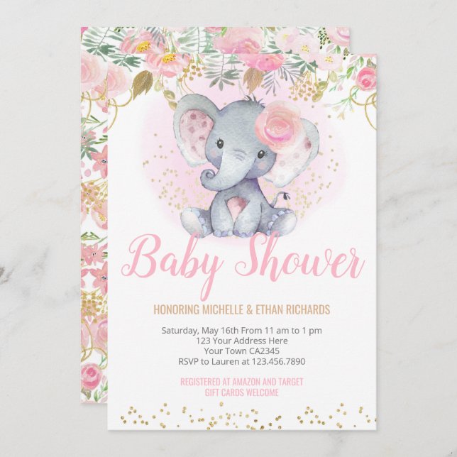 Elephant Baby Shower Einladung (Vorne/Hinten)