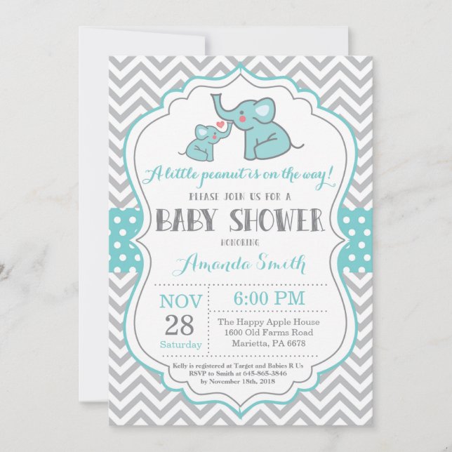 Elephant Baby Shower Einladung Aqua und Grau (Vorderseite)