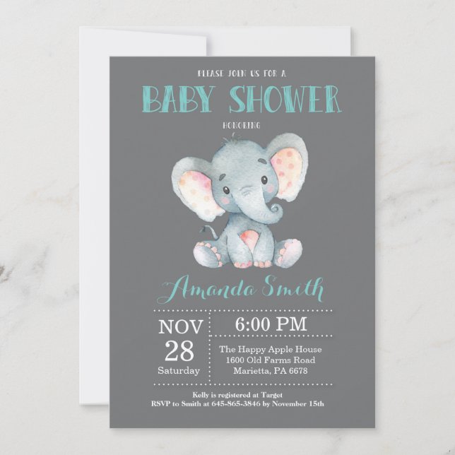 Elephant Baby Shower Einladung Aqua und Grau (Vorderseite)