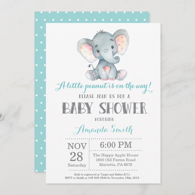Elephant Baby Shower Einladung Aqua und Grau (Vorne/Hinten)