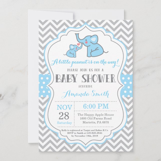 Elephant Baby Shower Einladung Blau und Grau (Vorderseite)