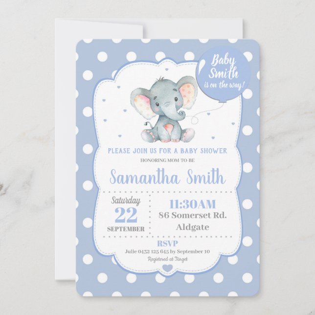 Elephant Baby Shower Einladung Blue Polka Dot Boy (Vorderseite)