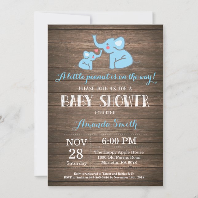 Elephant Baby Shower Einladung Blue Rustic (Vorderseite)