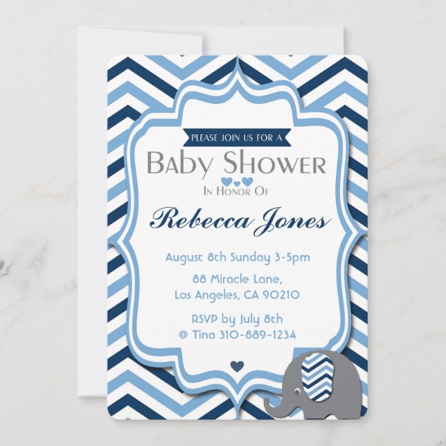 Elephant Baby Shower Einladung Boy Blue Zickzack (Vorderseite)