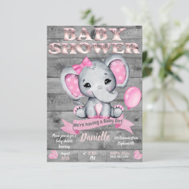 Elephant Baby Shower Einladung für Mädchen bearbei (Stehend Vorderseite)