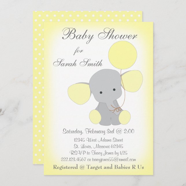Elephant Baby Shower Einladung Gelb Grau (Vorne/Hinten)