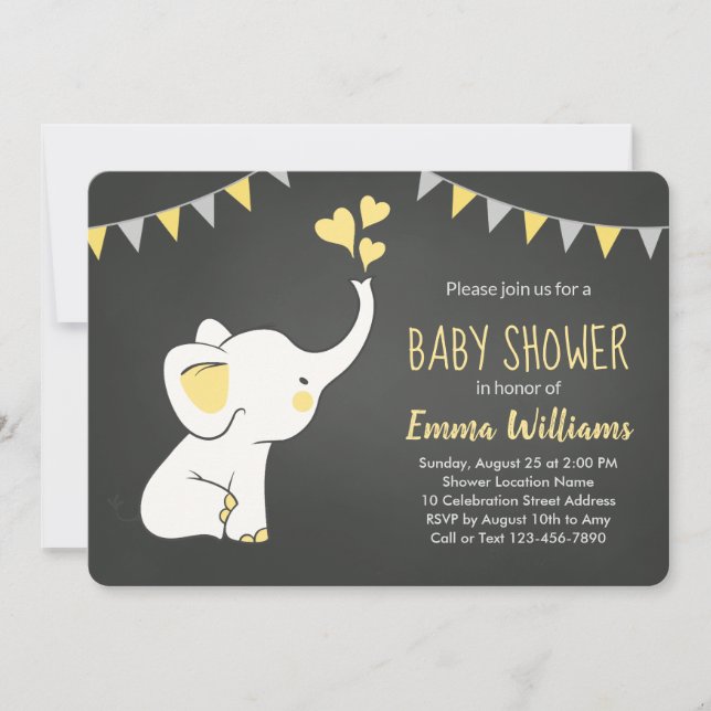Elephant Baby Shower Einladung Gelb Grau Schwarz (Vorderseite)