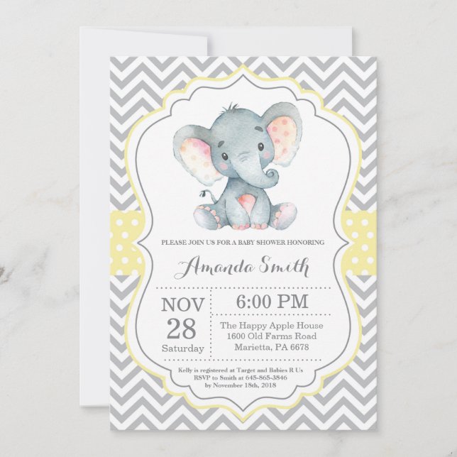 Elephant Baby Shower Einladung Gelb und Grau (Vorderseite)