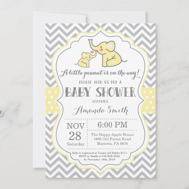 Elephant Baby Shower Einladung Gelb und Grau (Vorderseite)