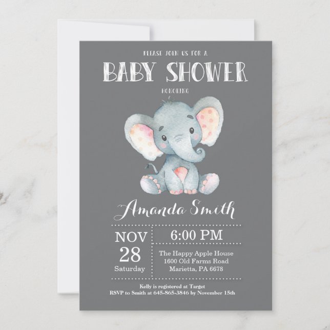 Elephant Baby Shower Einladung Grau (Vorderseite)