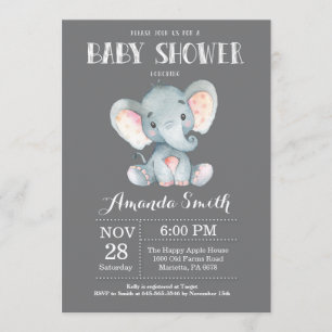 Elephant Baby Shower Einladung Grau