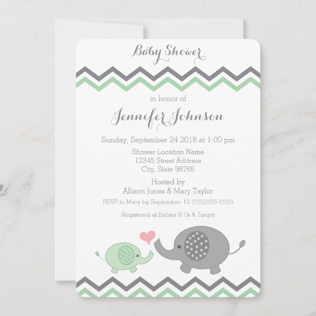 Elephant Baby Shower Einladung | Green Gray Zickza (Vorderseite)