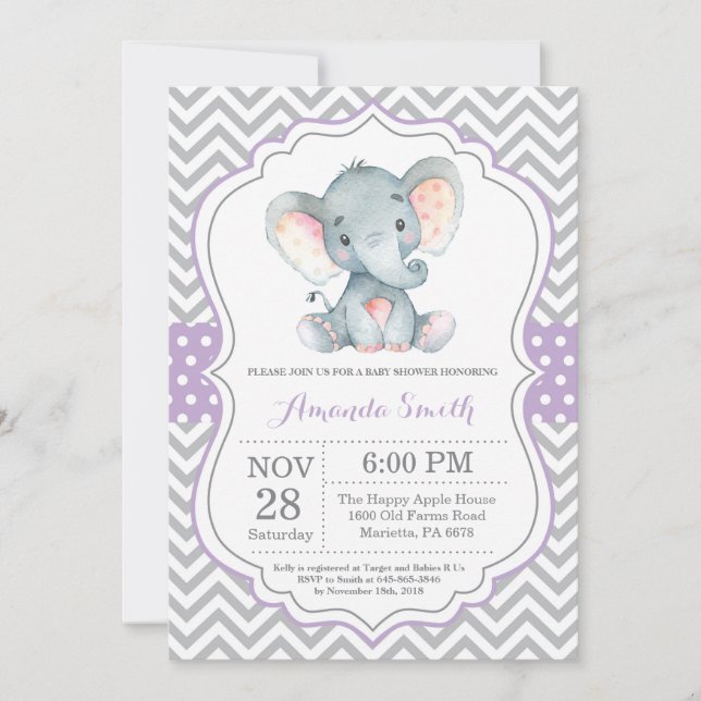 Elephant Baby Shower Einladung Lila und grau (Vorderseite)