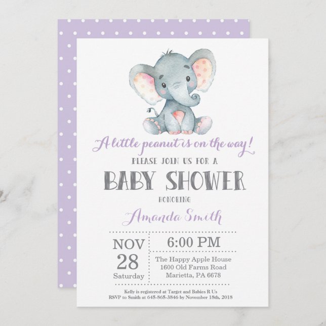 Elephant Baby Shower Einladung Lila und grau (Vorne/Hinten)