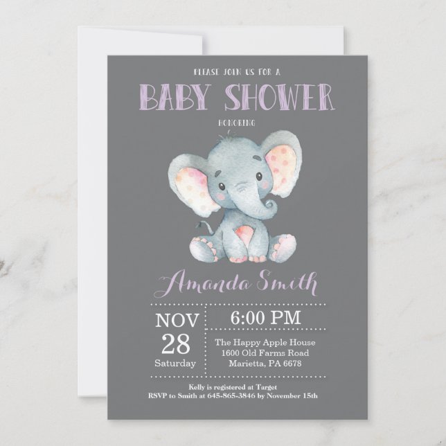 Elephant Baby Shower Einladung Lila und grau (Vorderseite)