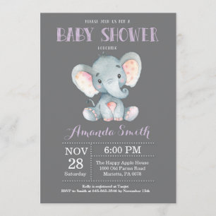 Elephant Baby Shower Einladung Lila und grau